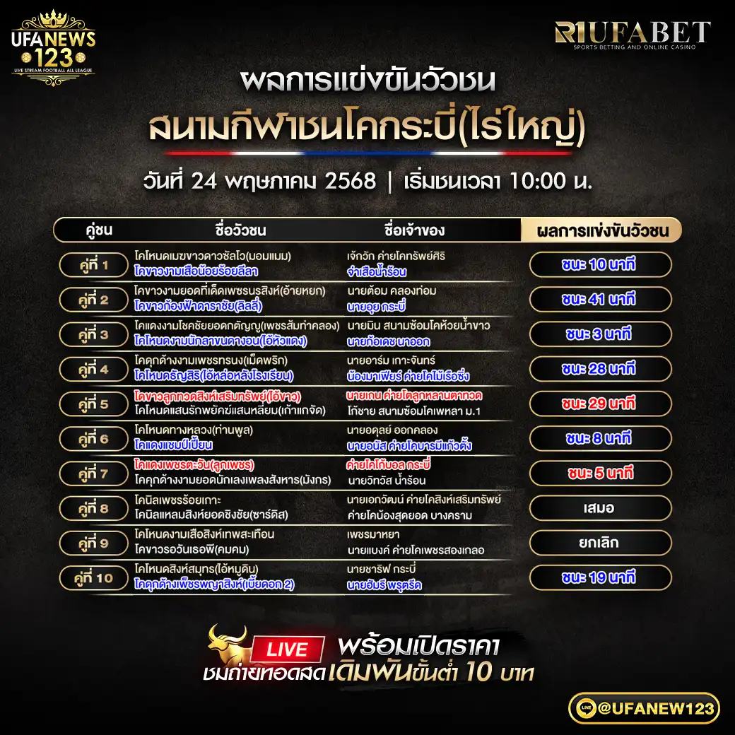 สรุปผลวัวชน สนามชนโคกระบี่ (ไร่ใหญ่) 24 พฤษภาคม 2568