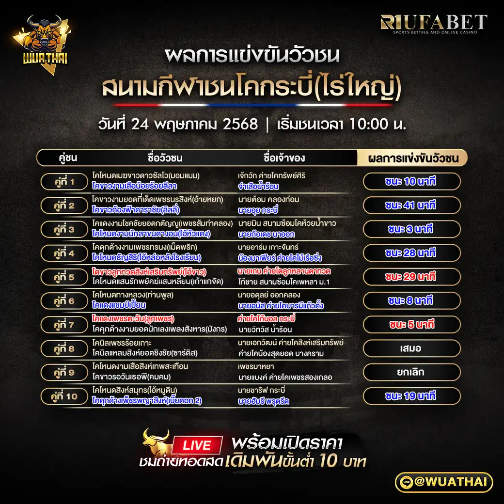 สรุปผลวัวชน สนามชนโคกระบี่(ไร่ใหญ่) 24 พฤษภาคม 2568
