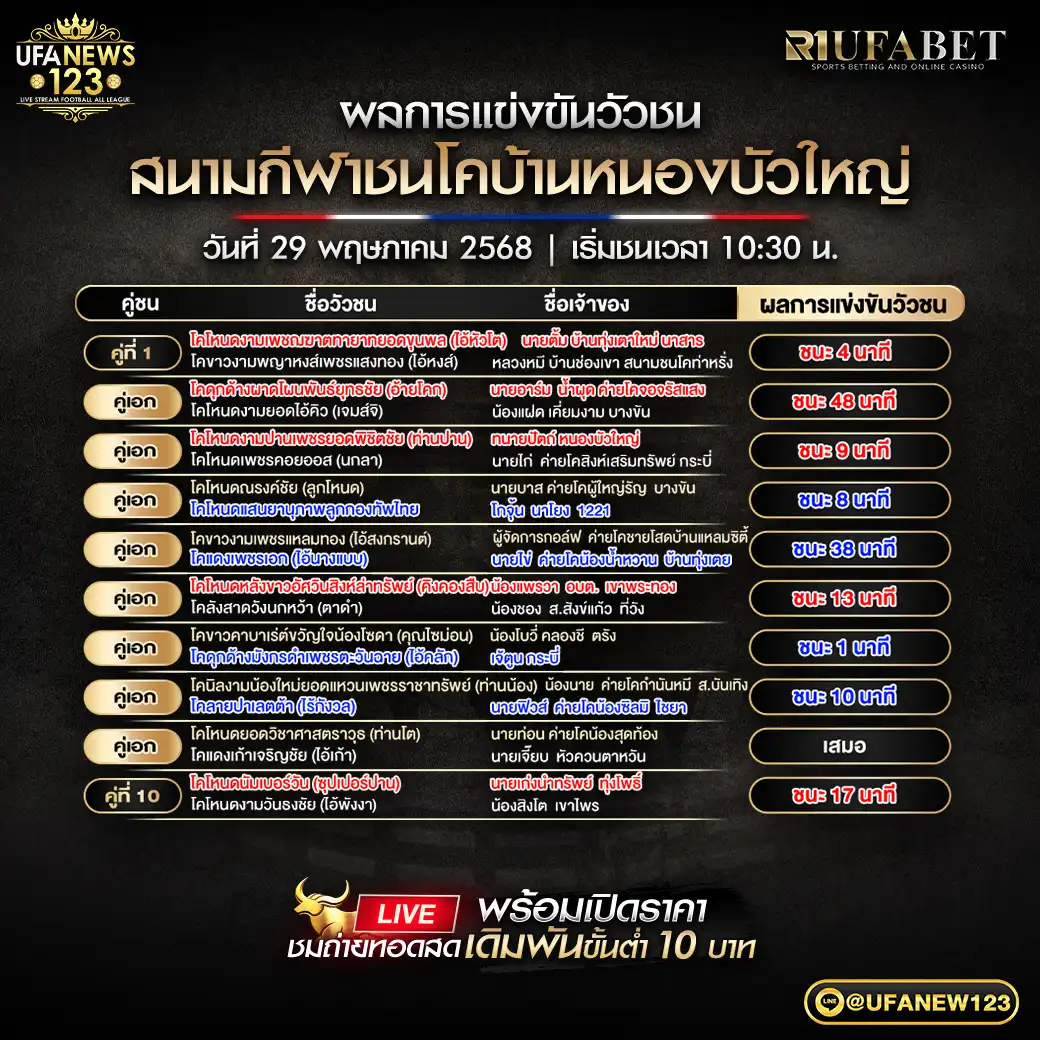 สรุปผลวัวชน สนามชนโคบ้านหนองบัวใหญ่ 29 พฤษภาคม 2568