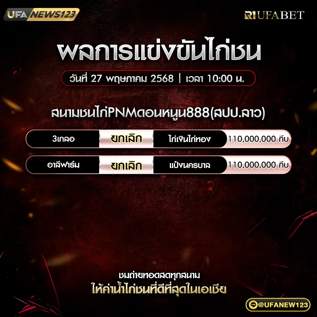 สรุปผลไก่ชน สนามชนไก่PNMดอนหนูน888 27 พฤษภาคม 2568