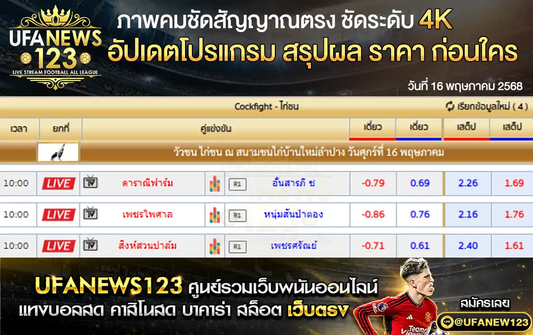 ราคาไก่ชน สนามชนไก่บ้านใหม่ลำปาง เริ่มเวลา 10:00 น. 16 พฤษภาคม 2568