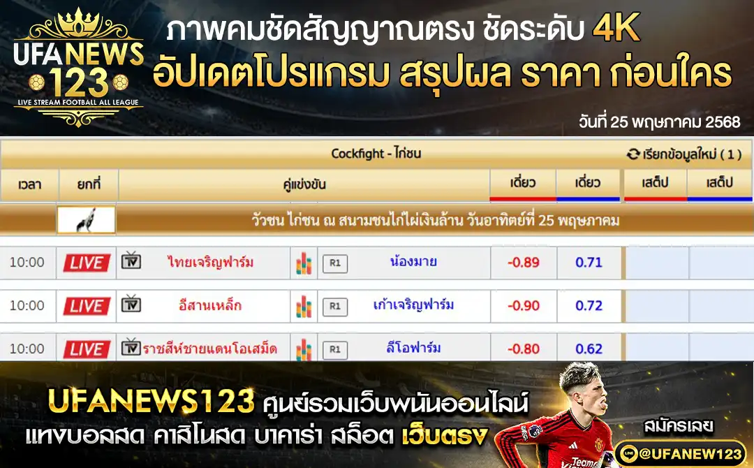ราคาไก่ชน สนามชนไก่ไผ่เงินล้าน เริ่มเวลา 10.00 น. 25 พฤษภาคม 2568