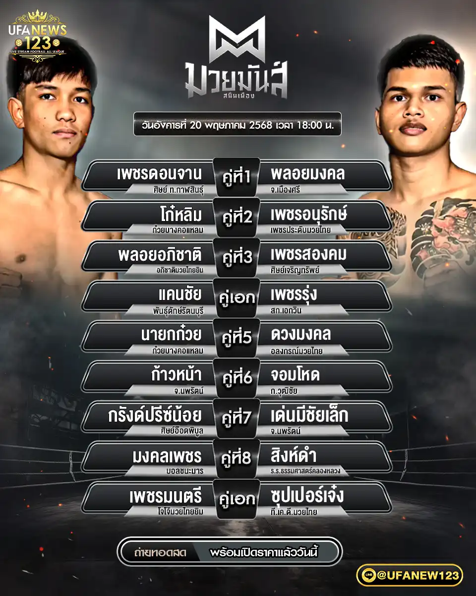 โปรแกรมมวย มวยมันส์สนั่นเมือง เริ่มเวลา 18:00 น. 20 พฤษภาคม 2568