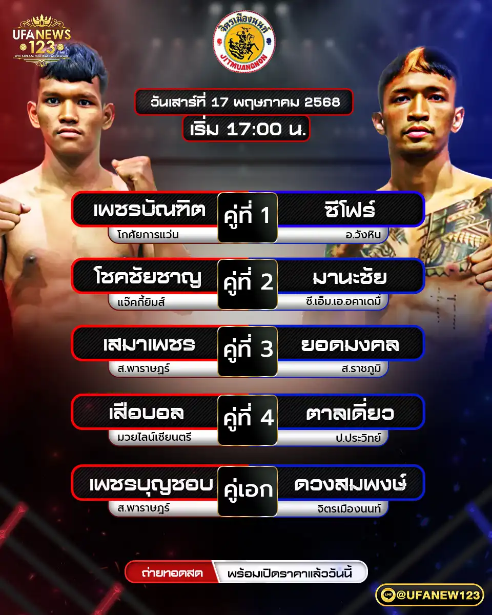 โปรแกรมมวย ศึกจิตรเมืองนนท์ เริ่มเวลา 17:00 น. 17 พฤษภาคม 2568