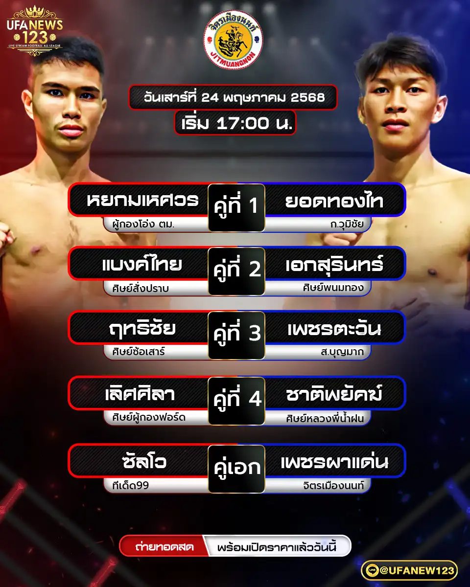 โปรแกรมมวย ศึกจิตรเมืองนนท์ เริ่มเวลา 17.00 น. 24 พฤษภาคม 2568