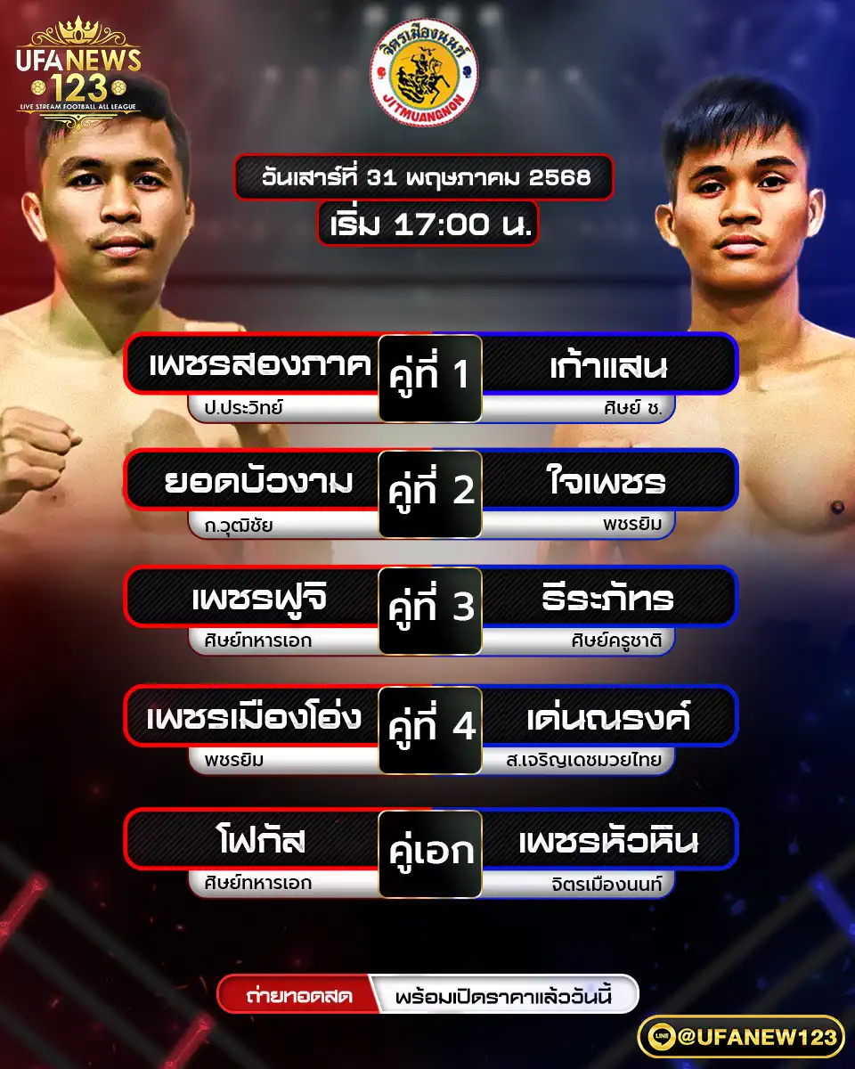 โปรแกรมมวย ศึกจิตรเมืองนนท์ เริ่มเวลา 17:00 น. 31 พฤษภาคม 2568
