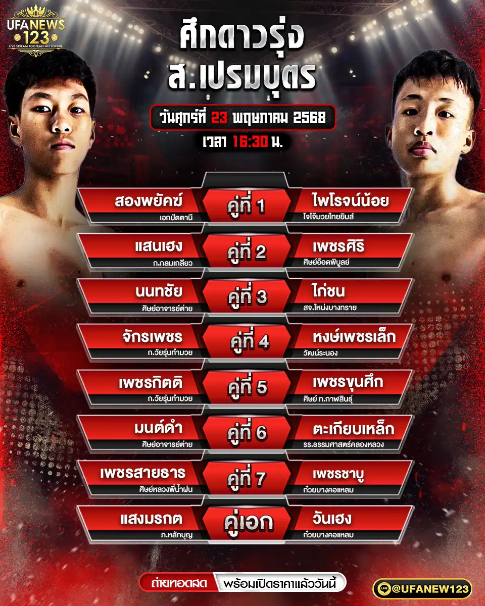 โปรแกรมมวย ศึกดาวรุ่ง ส.เปรมบุตร เริ่มเวลา 16.30 น. 23 พฤษภาคม 2568