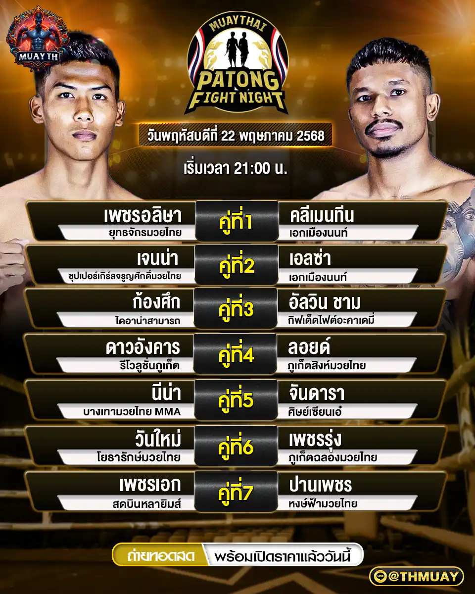 โปรแกรมมวย ศึกป่าตองไฟท์ไนท์ เริ่มเวลา 21.00 น. 22 พฤษภาคม 2568