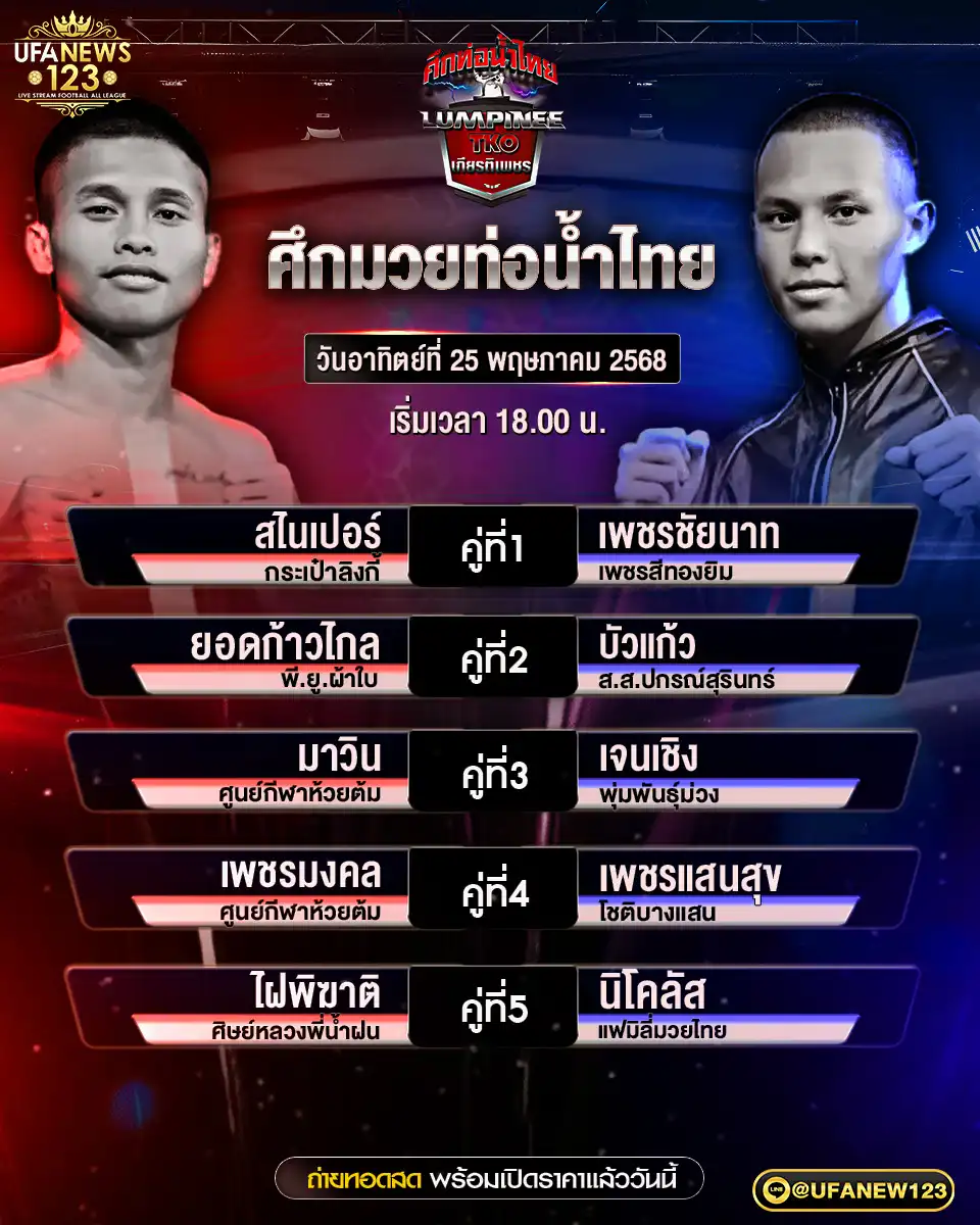 โปรแกรมมวย ศึกมวยท่อน้ำไทย เริ่มเวลา 18.00 น. 25 พฤษภาคม 2568