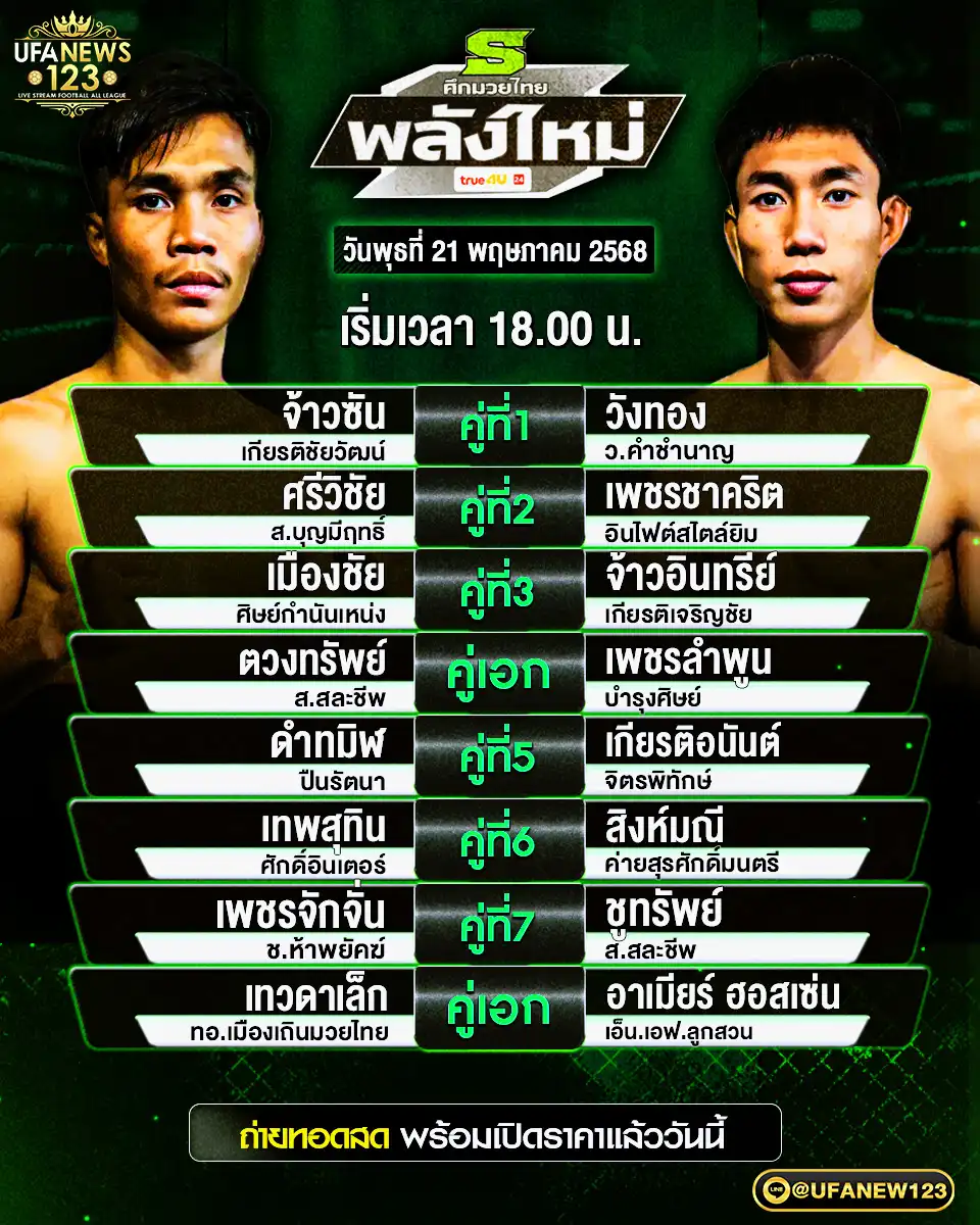 โปรแกรมมวย ศึกมวยไทยพลังใหม่ เริ่มเวลา 18.00 น. 21 พฤษภาคม 2568