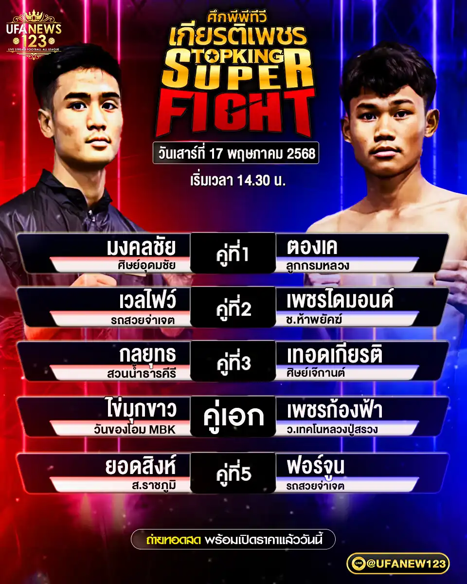 โปรแกรมมวย ศึกมวยไทยเกียรติเพชร SKS เริ่มเวลา 14:30 น. 17 พฤษภาคม 2568