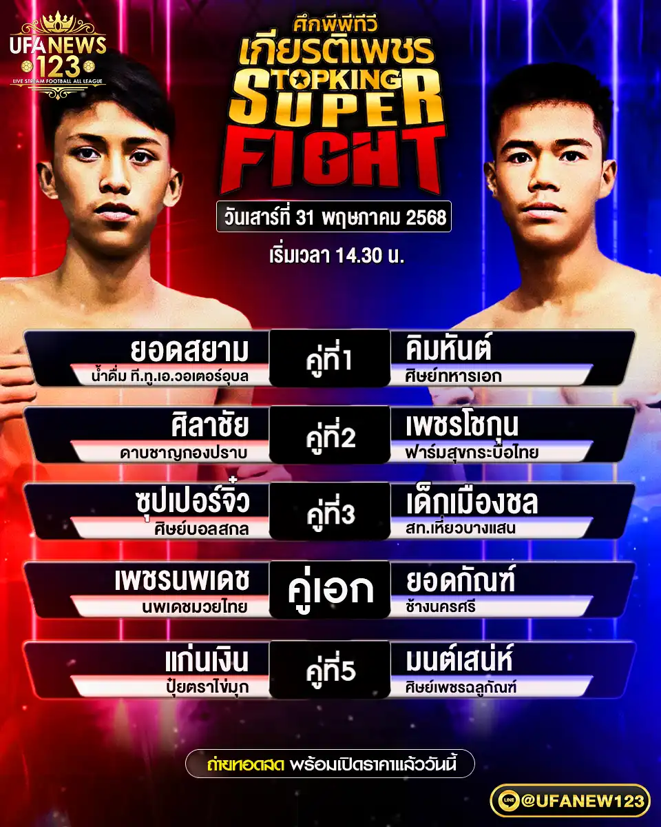 โปรแกรมมวย ศึกมวยไทยเกียรติเพชร SKS เริ่มเวลา 14:30 น. 31 พฤษภาคม 2568