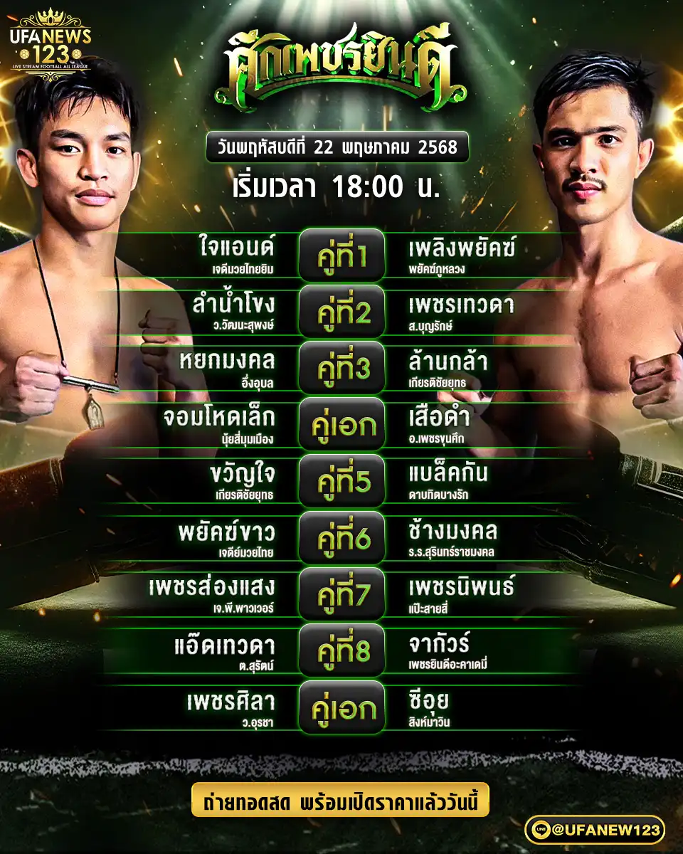 โปรแกรมมวย ศึกเพชรยินดี เริ่มเวลา 18.00 น. 22 พฤษภาคม 2568