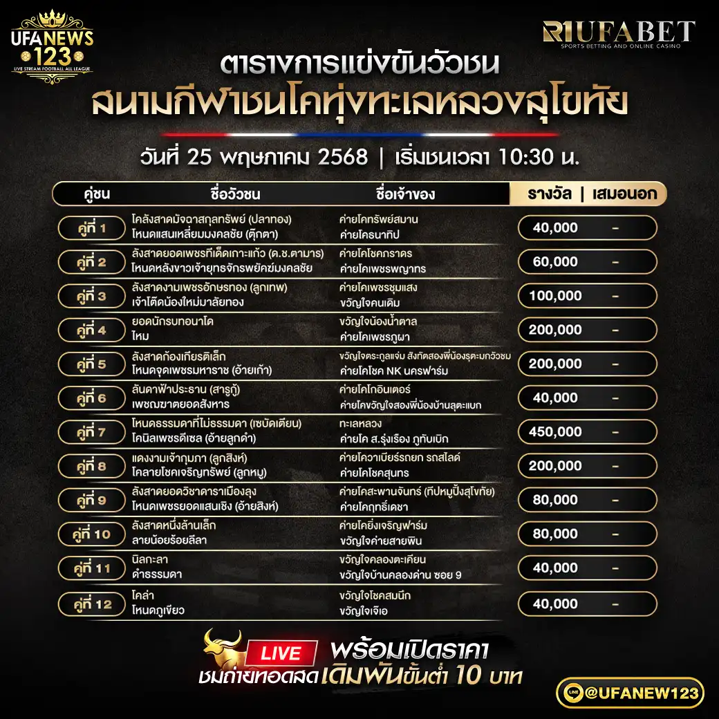 โปรแกรมวัวชน สนามชนโคทุ่งทะเลหลวงสุโขทัย เริ่มชนเวลา 10:30 น. 25 พฤษภาคม 2568