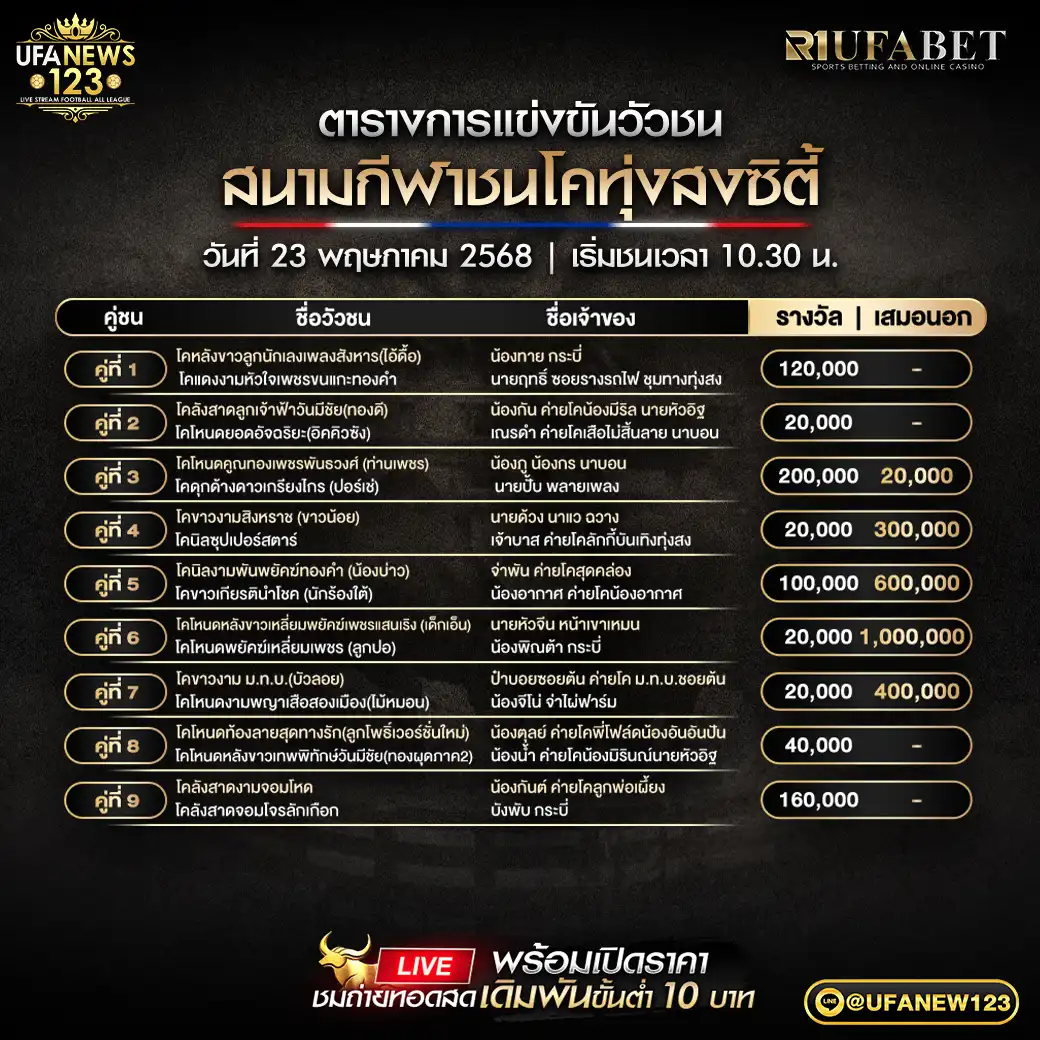 โปรแกรมวัวชน สนามชนโคทุ่งสงซิตี้ เริ่มชนเวลา 10.30 น. 23 พฤษภาคม 2568