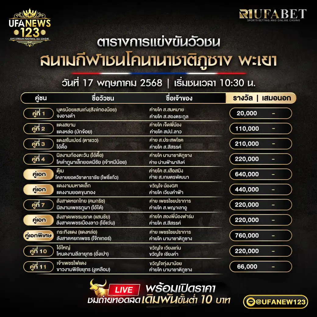 โปรแกรมวัวชน สนามกีฬาชนโคนานาชาติภูซาง พะเยาะ เริ่มเวลา 10:30 น. 17 พฤษภาคม 2568