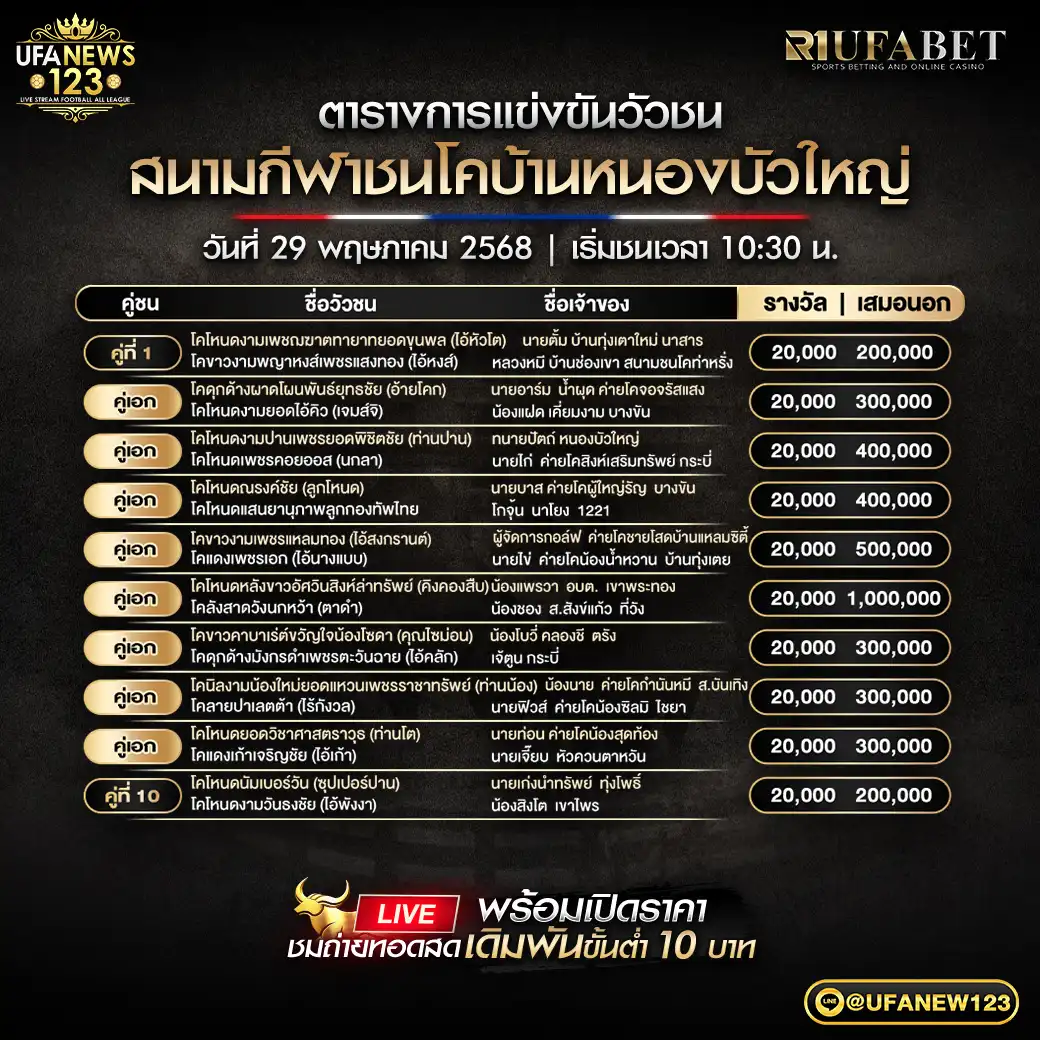 โปรแกรมวัวชน สนามชนโคบ้านหนองบัวใหญ่ เริ่มชนเวลา 10:30 น. 29 พฤษภาคม 2568