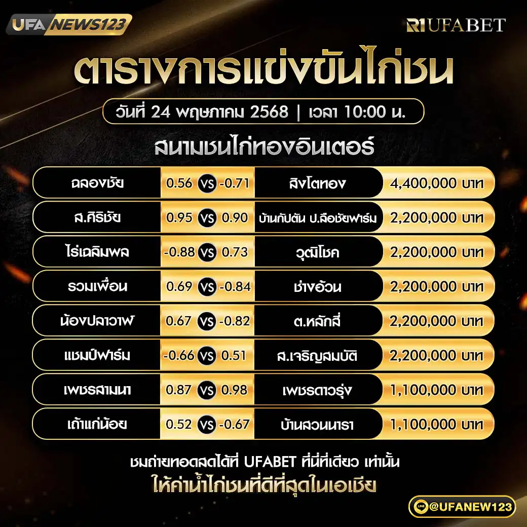 โปรแกรมไก่ชน สนามชนไก่ทองอินเตอร์ เริ่มเวลา 10.00 น. 24 พฤษภาคม 2568