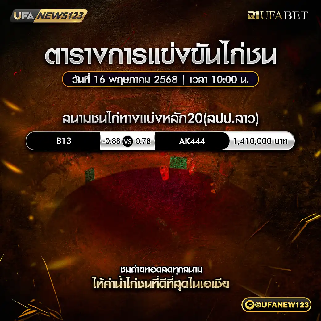 โปรแกรมไก่ชน สนามชนไก่ทางแบ่งหลัก20 เริ่มเวลา 10:00 น. 16 พฤษภาคม 2568