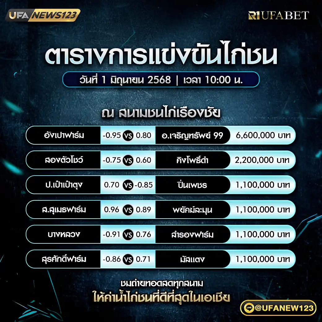 โปรแรกมไก่ชน สนามชนไก่เรืองชัย เริ่มเวลา 10:00 น. 01 มิถุนายน 2568