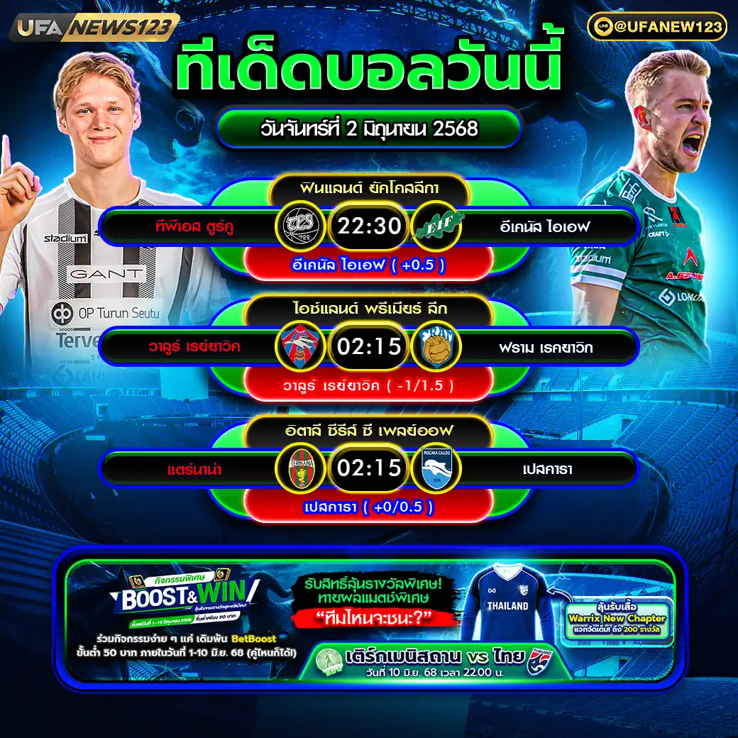 ทีเด็ดบอล แจกบอลสเต็ป 3 คู่ วันที่ 02 มิถุนายน 2568