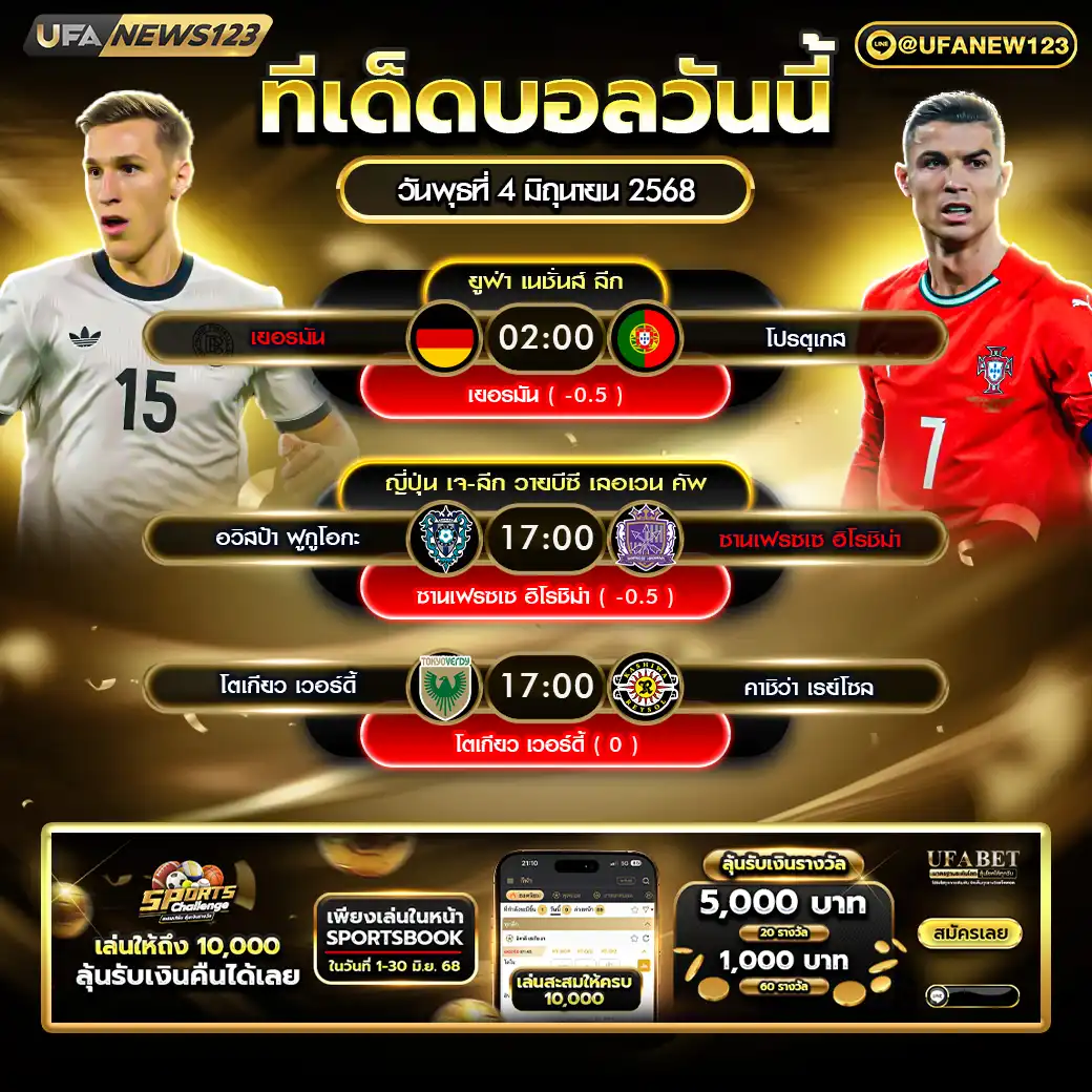 ทีเด็ดบอล แจกบอลสเต็ป 3 คู่ วันที่ 04 มิถุนายน 2568
