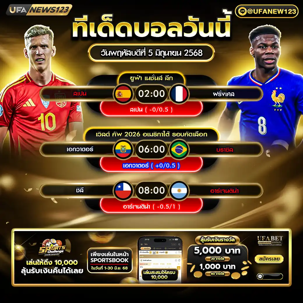 ทีเด็ดบอล แจกบอลสเต็ป 3 คู่ วันที่ 05 มิถุนายน 2568