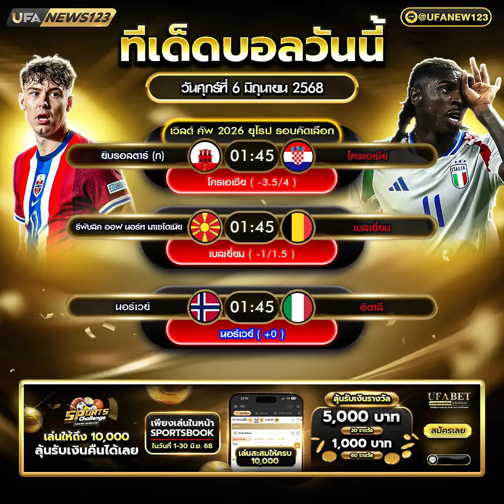ทีเด็ดบอล แจกบอลสเต็ป 3 คู่ วันที่ 06 มิถุนายน 2568