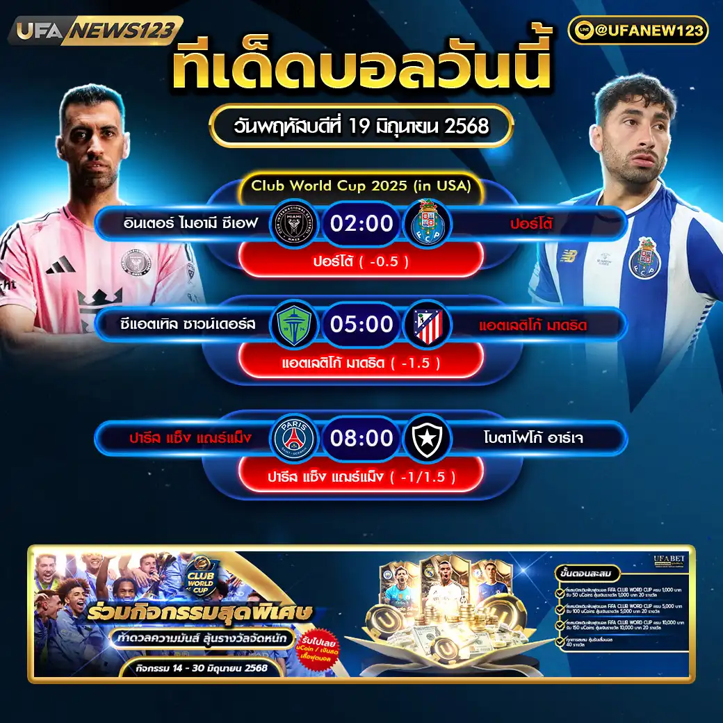 ทีเด็ดบอล แจกบอลสเต็ป 3 คู่ วันที่ 19 มิถุนายน 2568