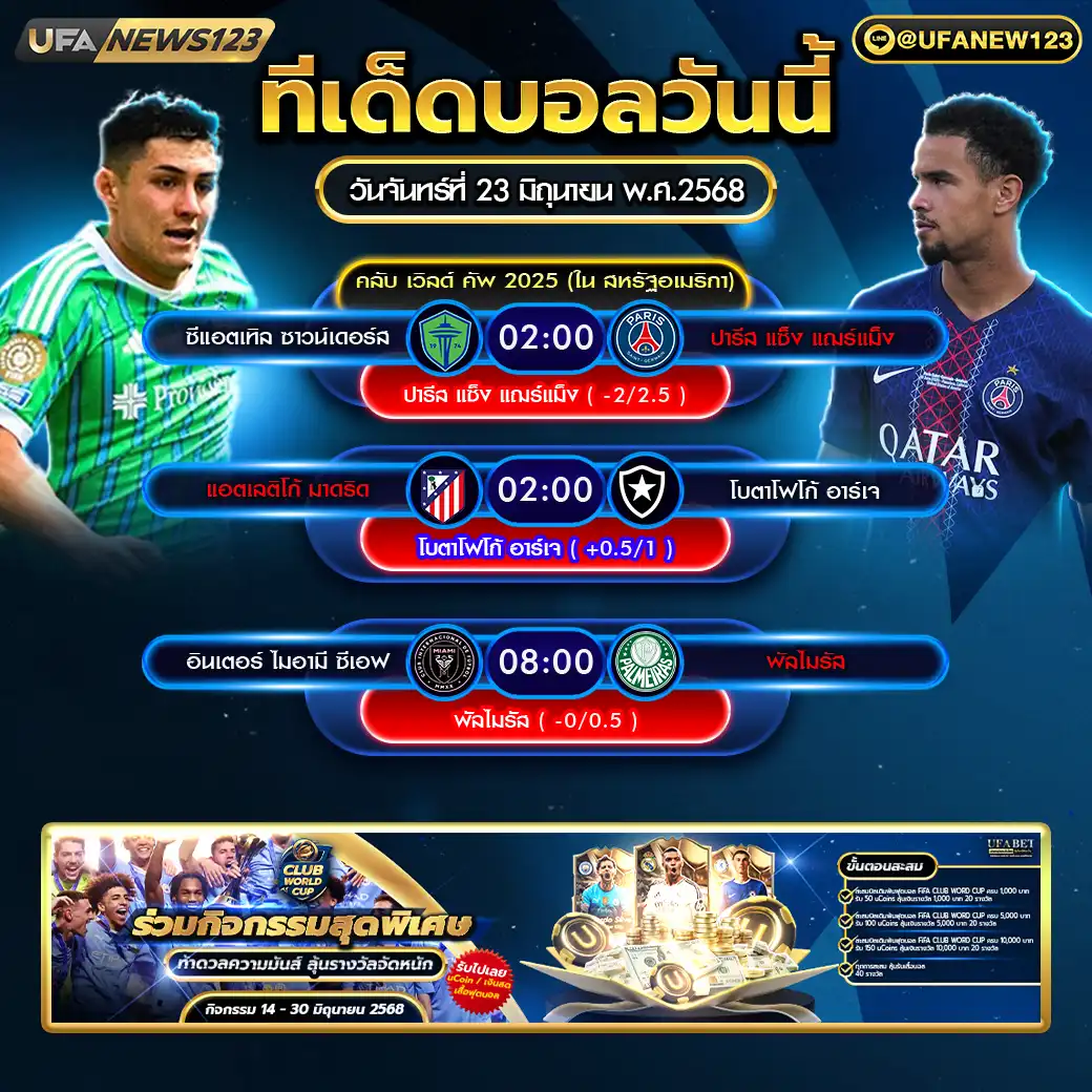 ทีเด็ดบอล แจกบอลสเต็ป 3 คู่ วันที่ 23 มิถุนายน 2568