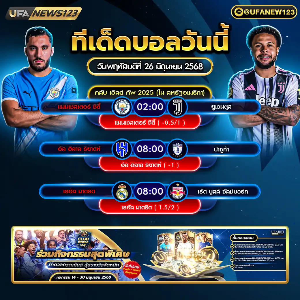 ทีเด็ดบอล แจกบอลสเต็ป 3 คู่ วันที่ 26 มิถุนายน 2568