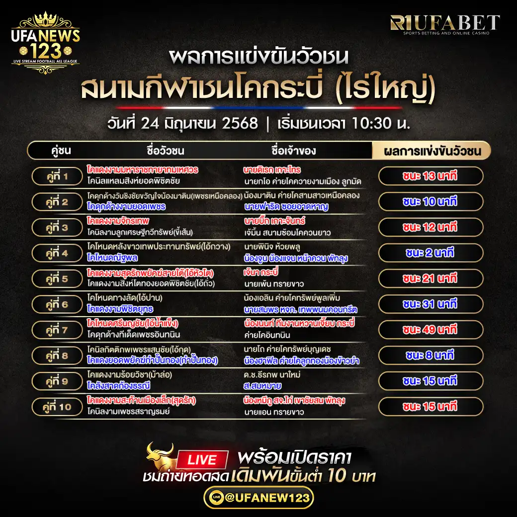 สรุปผลวัวชน สนามกีฬาชนโคกระบี่ (ไร่ใหญ่) 24 มิถุนายน 2568