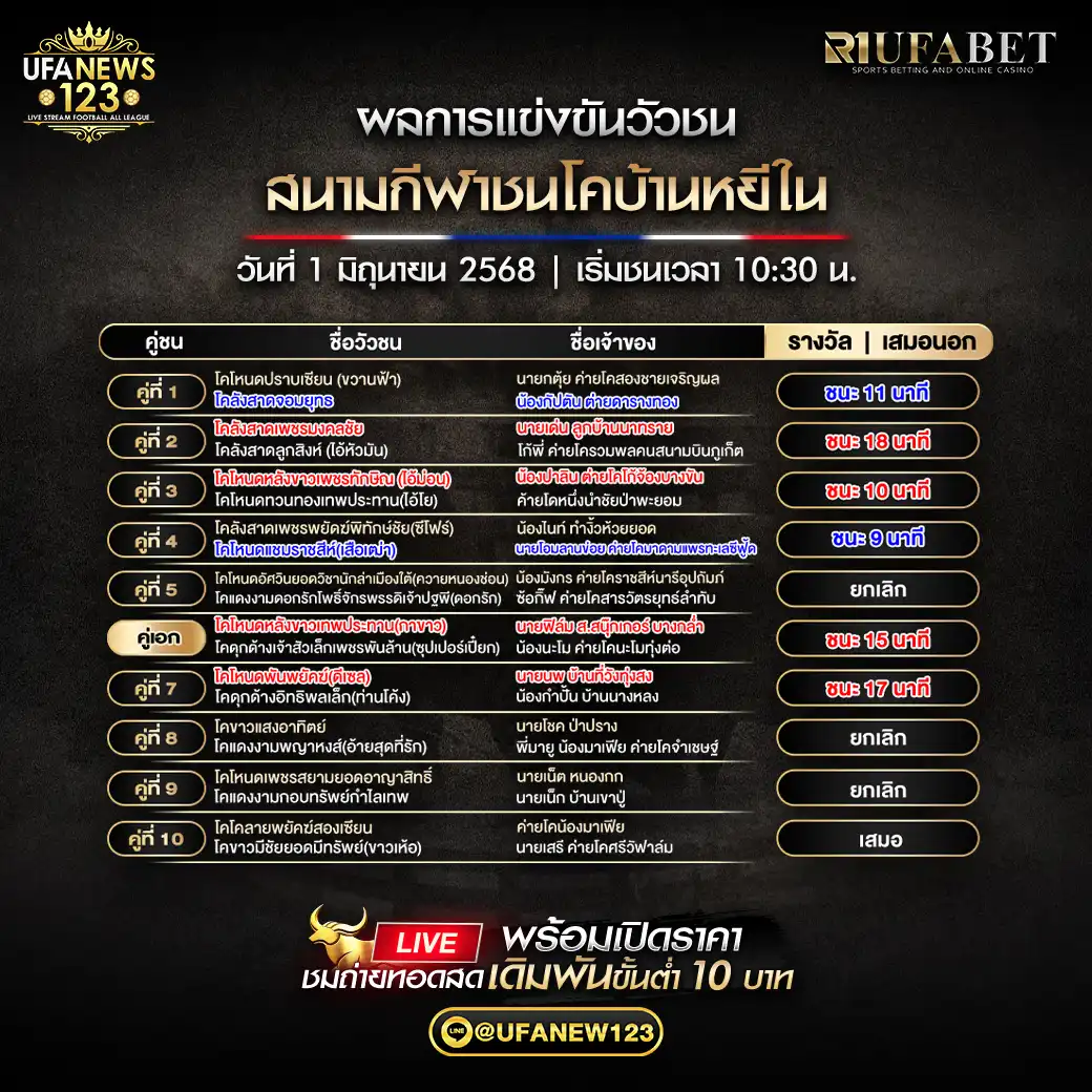 สรุปผลวัวชน สนามกีฬาชนโคบ้านหยีใน  01 มิถุนายน 2568