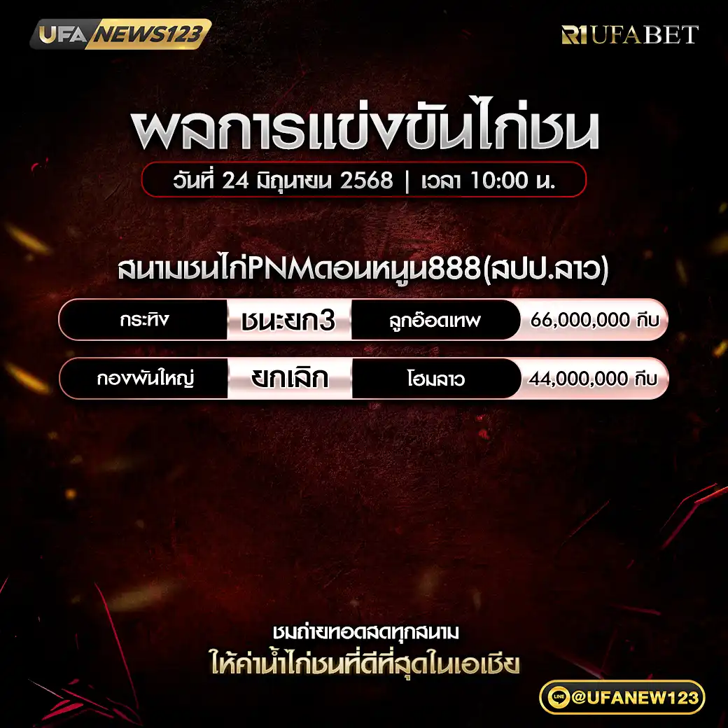 สรุปผลไก่ชน สนามชนไก่PNMดอนหนูน888 24 มิถุนายน 2568
