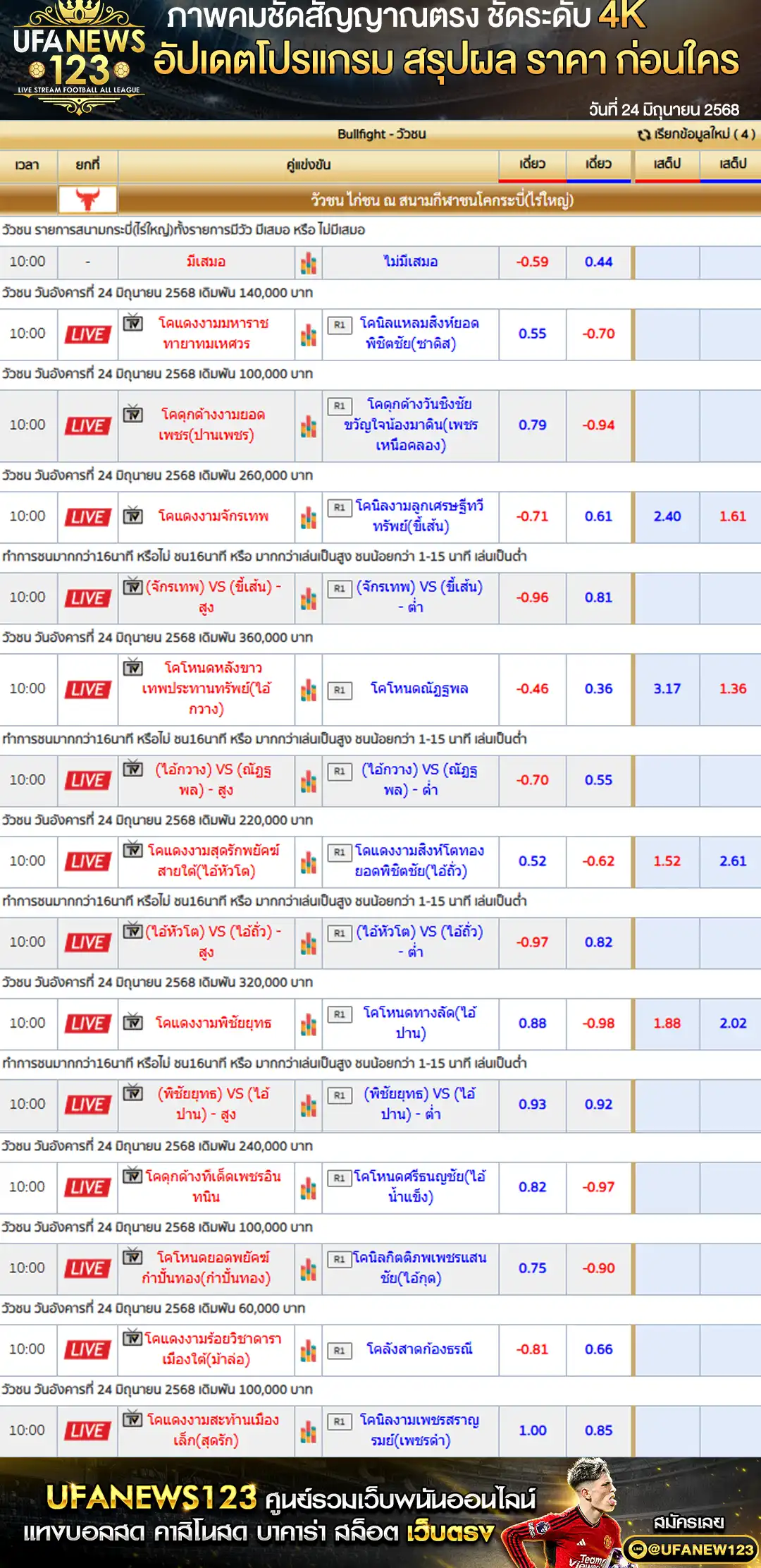 ราคาวัวชน สนามกีฬาชนโคกระบี่ (ไร่ใหญ่) เริ่มเวลา 10:30 น. 24 มิถุนายน 2568