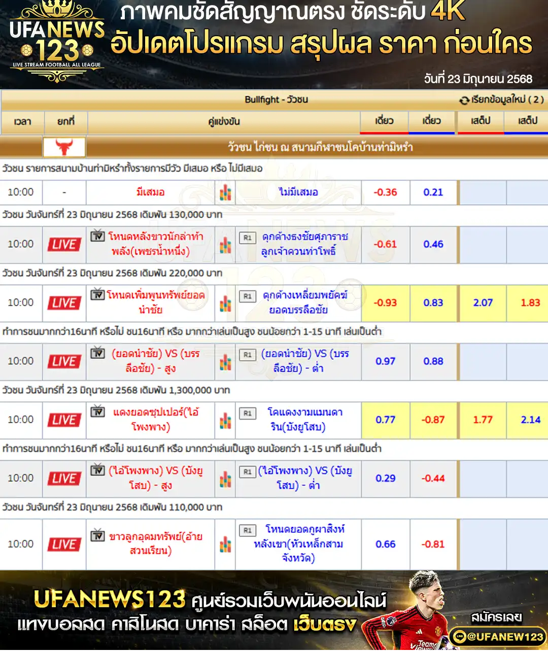 ราคาวัวชน สนามกีฬาชนโคบ้านท่าศาลา เริ่มเวลา 10:00 น. 23 มิถุนายน 2568