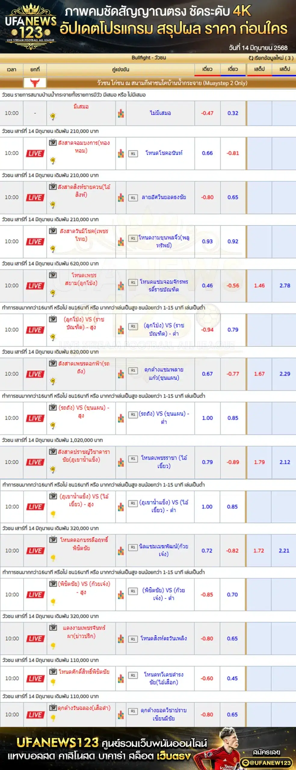 ราคาวัวชน สนามกีฬาชนโคบ้านน้ำกระจาย เริ่มเวลา 10:00 น. 14 มิถุนายน 2568