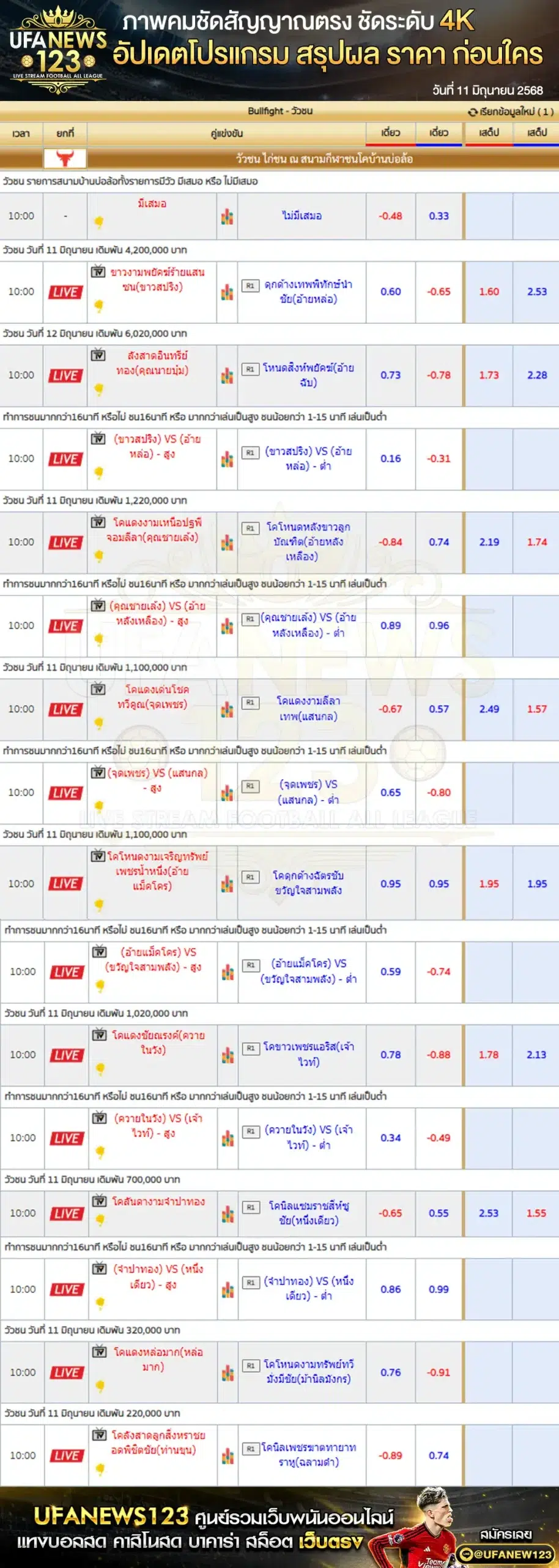 ราคาวัวชน สนามชนโคบ้านบ่อล้อ เริ่มชนเวลา 10:00 น. 11 มิถุนายน 2568