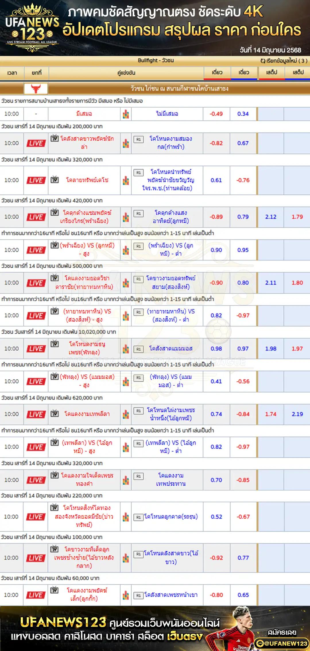 ราคาวัวชน สนามกีฬาชนโคบ้านเสาธงสเตเตี้ยม เริ่มเวลา 10:00 น. 14 มิถุนายน 2568