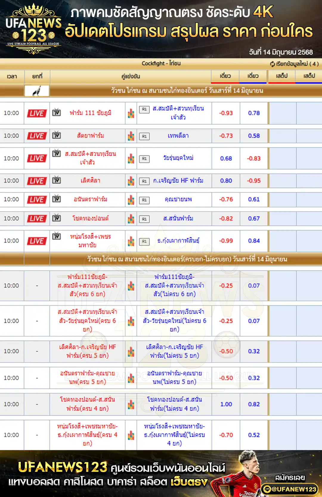 ราคาไก่ชน สนามชนไก่ทองอินเตอร์ เริ่มเวลา 10:00 น. 14 มิถุนายน 2568
