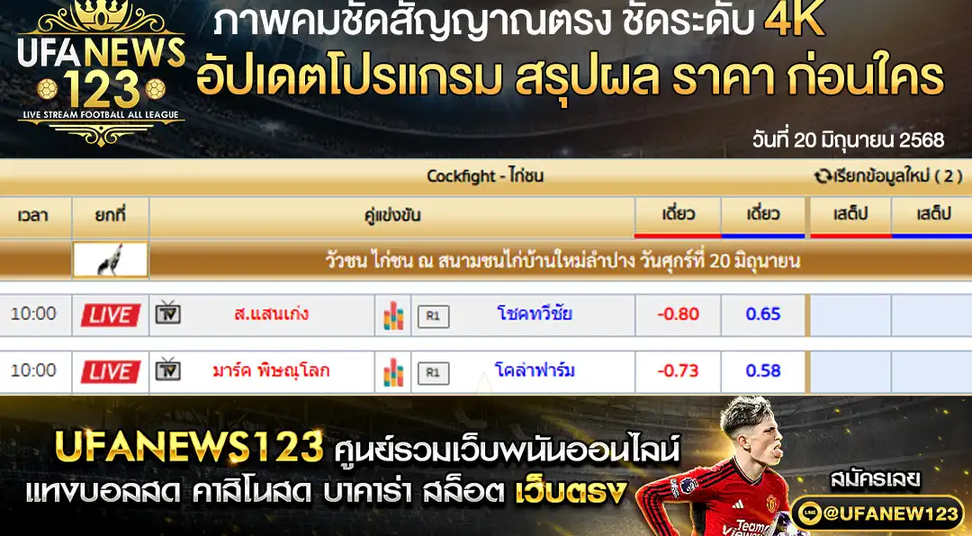 ราคาไก่ชน สนามชนไก่บ้านใหม่ลำปาง เริ่มเวลา 10:00 น. 20 มิถุนายน 2568