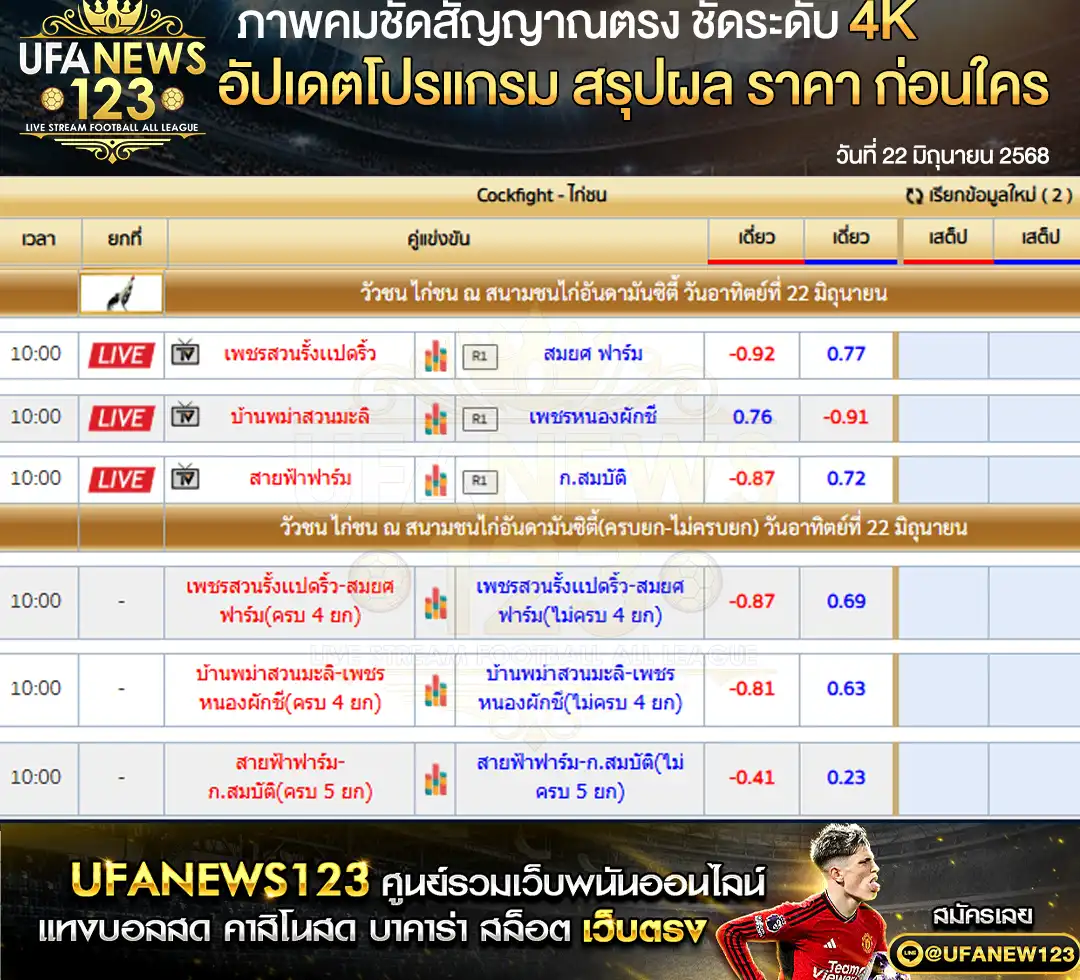 ราคาไก่ชน สนามชนไก่อันดามันซิตี้ เริ่มเวลา 10:00 น. 22 มิถุนายน 2568