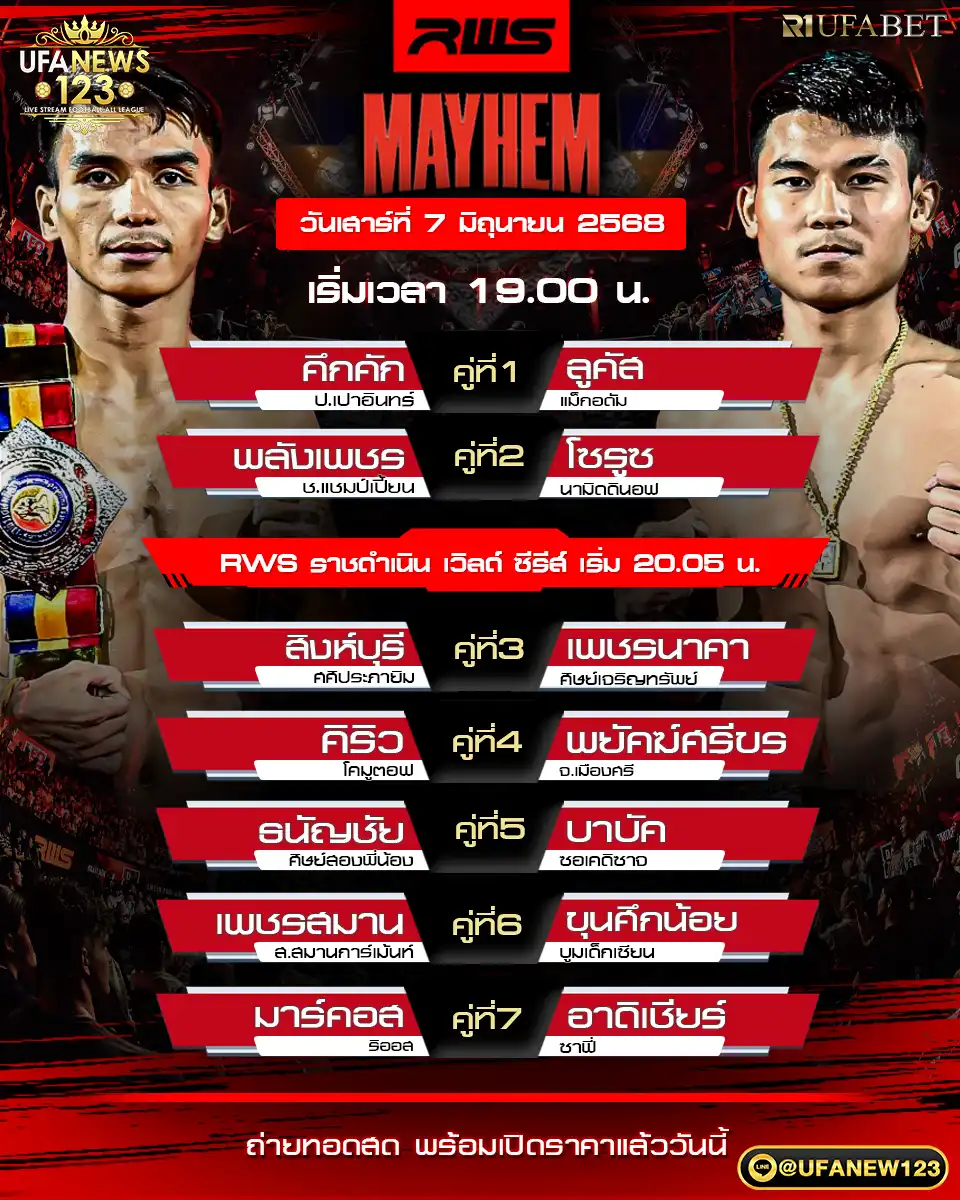 โปรแกรมมวย RWS ราชดำเนิน เวิลด์ ซีรีส์ เริ่มเวลา 19:00 น 07 มิถุนายน 2568