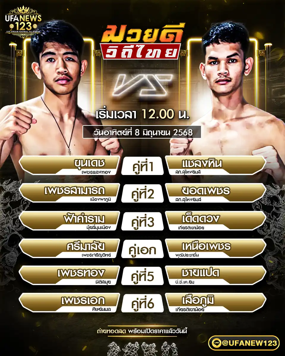 โปรแกรมมวย มวยดีวิถีไทย เริ่มเวลา 12:00 น. 08 มิถุนายน 2568