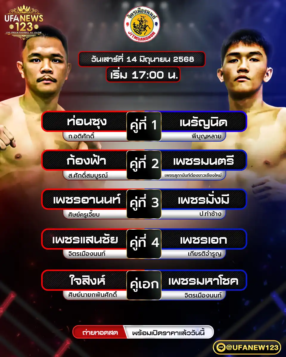 โปรแกรมมวย ศึกจิตรเมืองนนท์ เริ่มเวลา 17:00 น. 14 มิถุนายน 2568