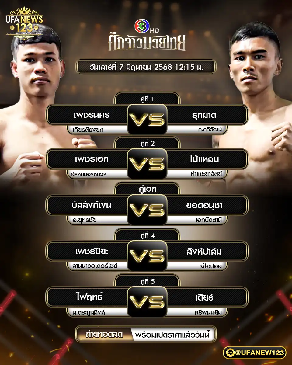โปรแกรมมวย ศึกจ้าวมวยไทย เริ่มเวลา 12:15 น. 07 มิถุนายน 2568