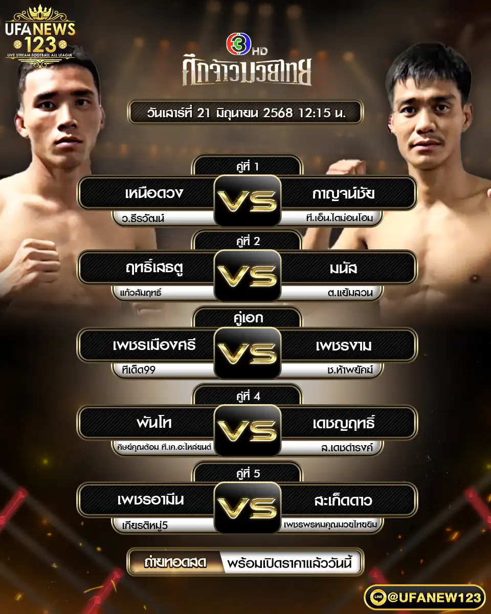 โปรแกรมมวย ศึกจ้าวมวยไทย เริ่มเวลา 12:00 น. 21 มิถุนายน 2568
