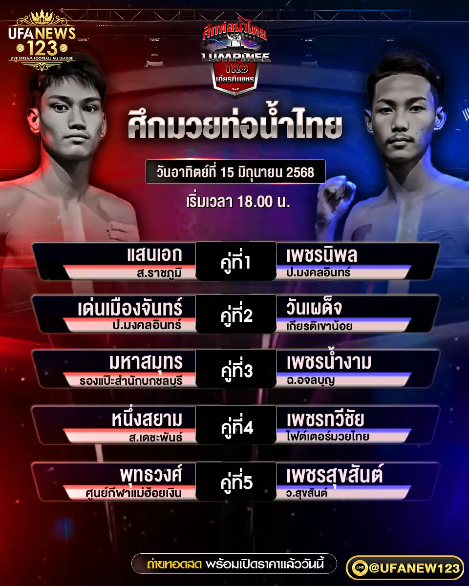 โปรแกรมมวย ศึกมวยท่อน้ำไทย เริ่มเวลา 18:00 น. 15 มิถุนายน 2568
