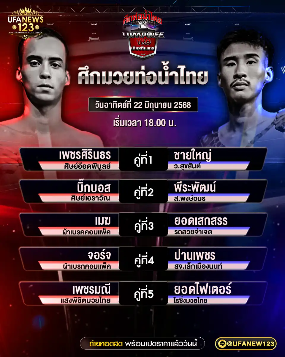 โปรแกรมมวย ศึกมวยท่อน้ำไทย เริ่มเวลา 18:00 น. 22 มิถุนายน 2568