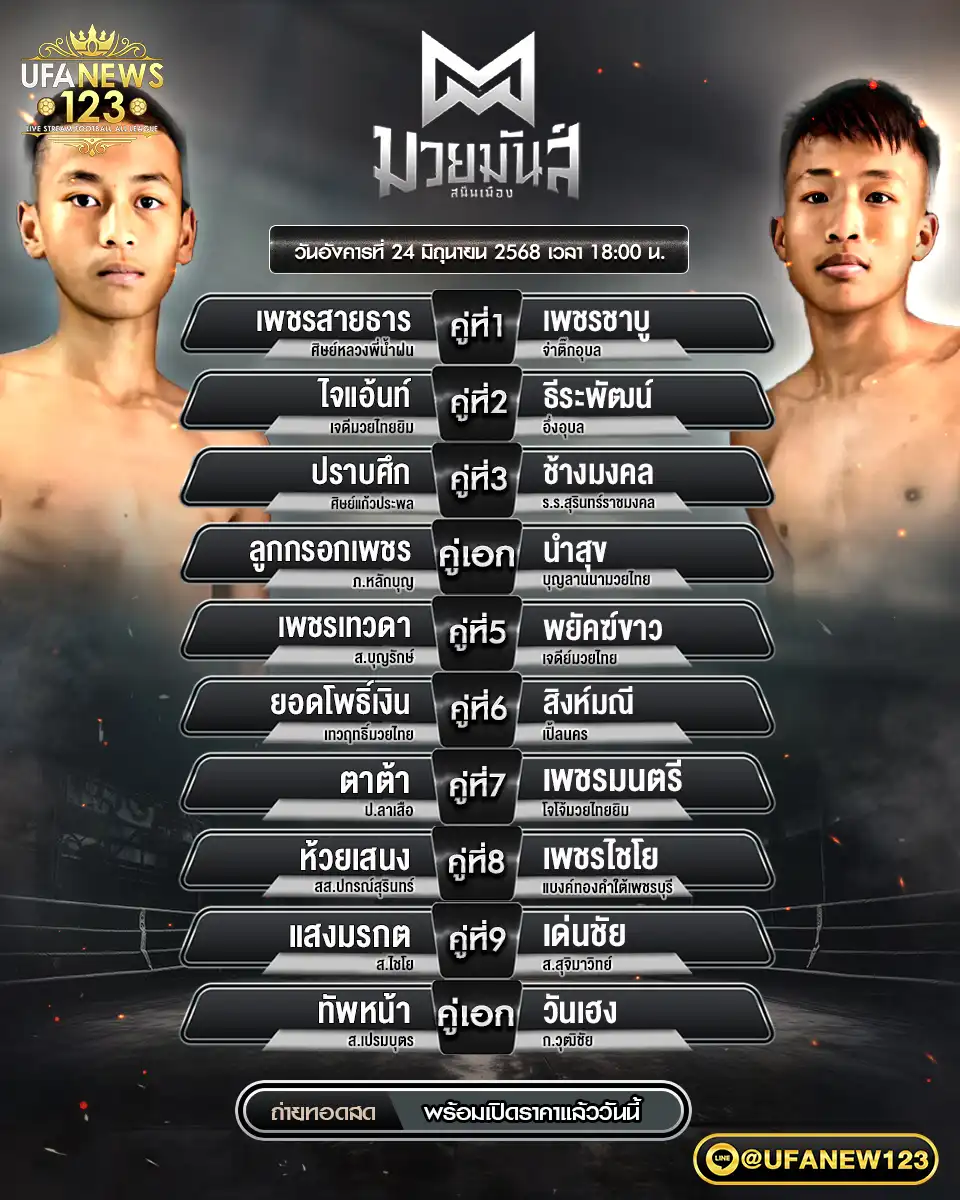 โปรแกรมมวย ศึกมวยมันส์สนั่นเมือง เริ่มเวลา 18:00 น. 24 มิถุนายน 2568